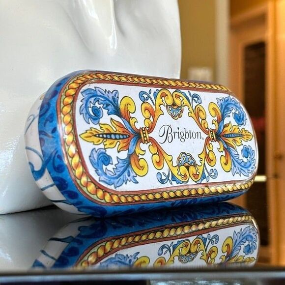 Vtg Brighton White Hardshell Metal Glasses Sunglasses Case Blue Yellow Filigree - Picture 9 of 12